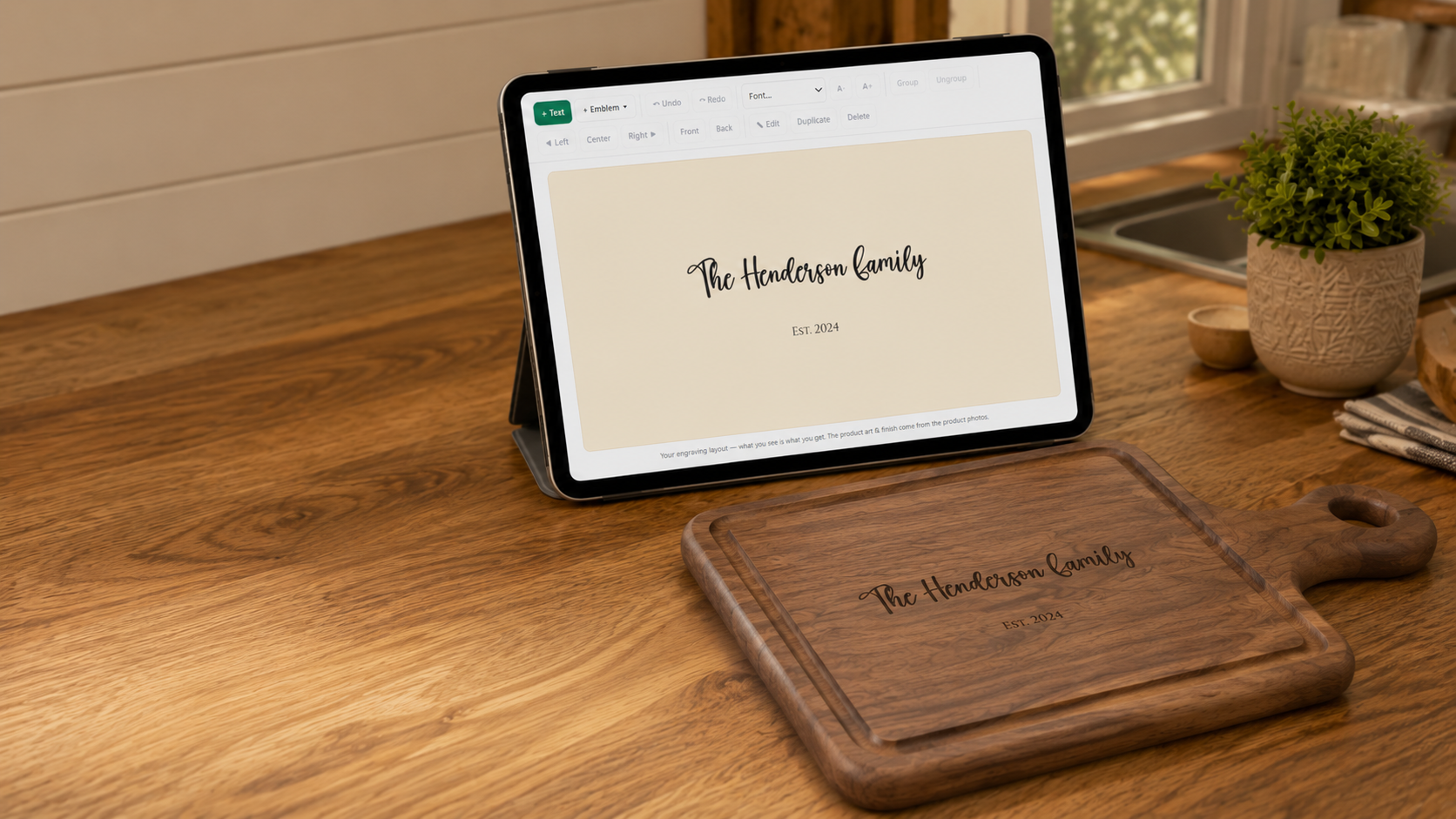 The FirstMark Design Tool shown on a tablet beside a finished engraved walnut cutting board on a kitchen counter