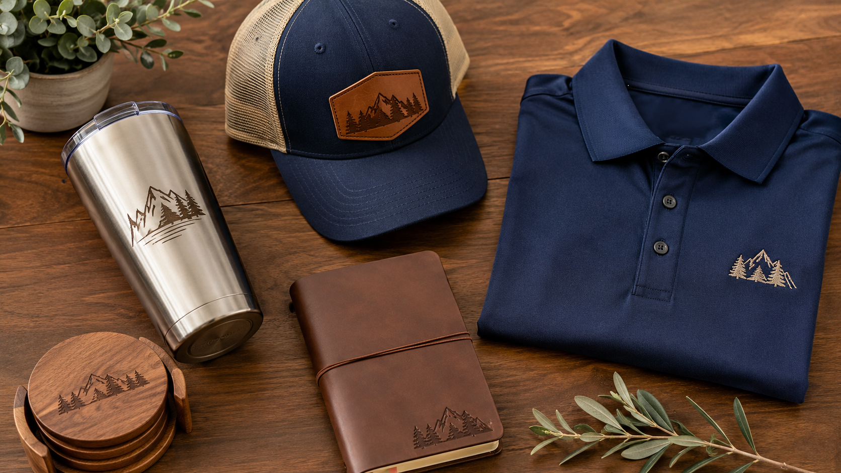 Branded company event merch on a wood table: engraved tumbler, leather patch hat, embroidered polo, leatherette journal, and acacia coasters