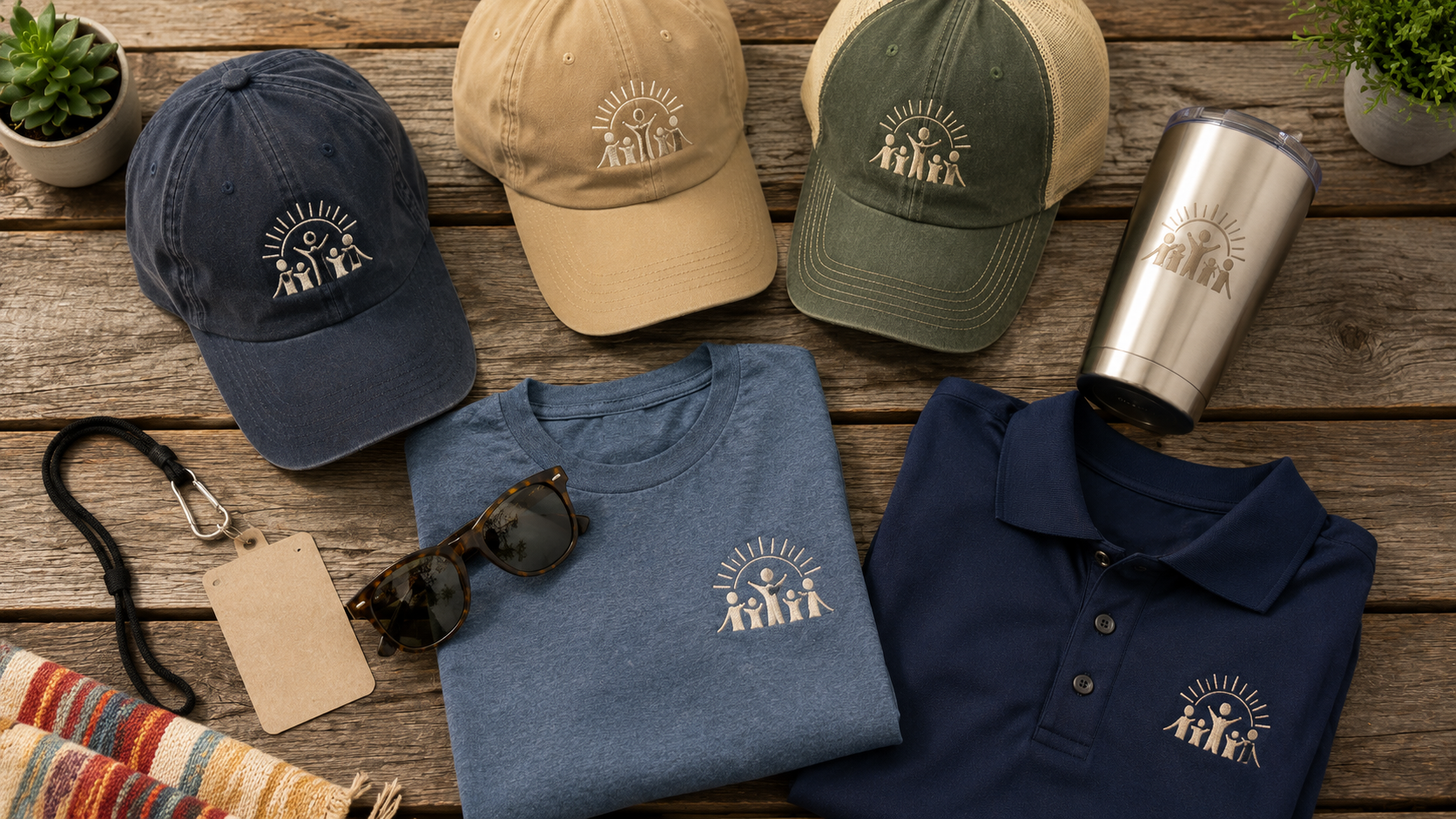 Custom embroidered festival volunteer hats and t-shirts laid out for a community festival