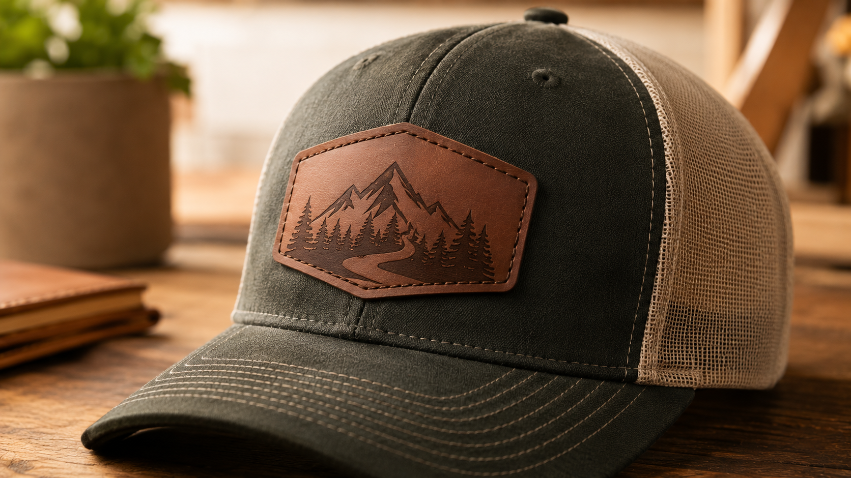 Custom leather patch trucker hat with an engraved business logo
