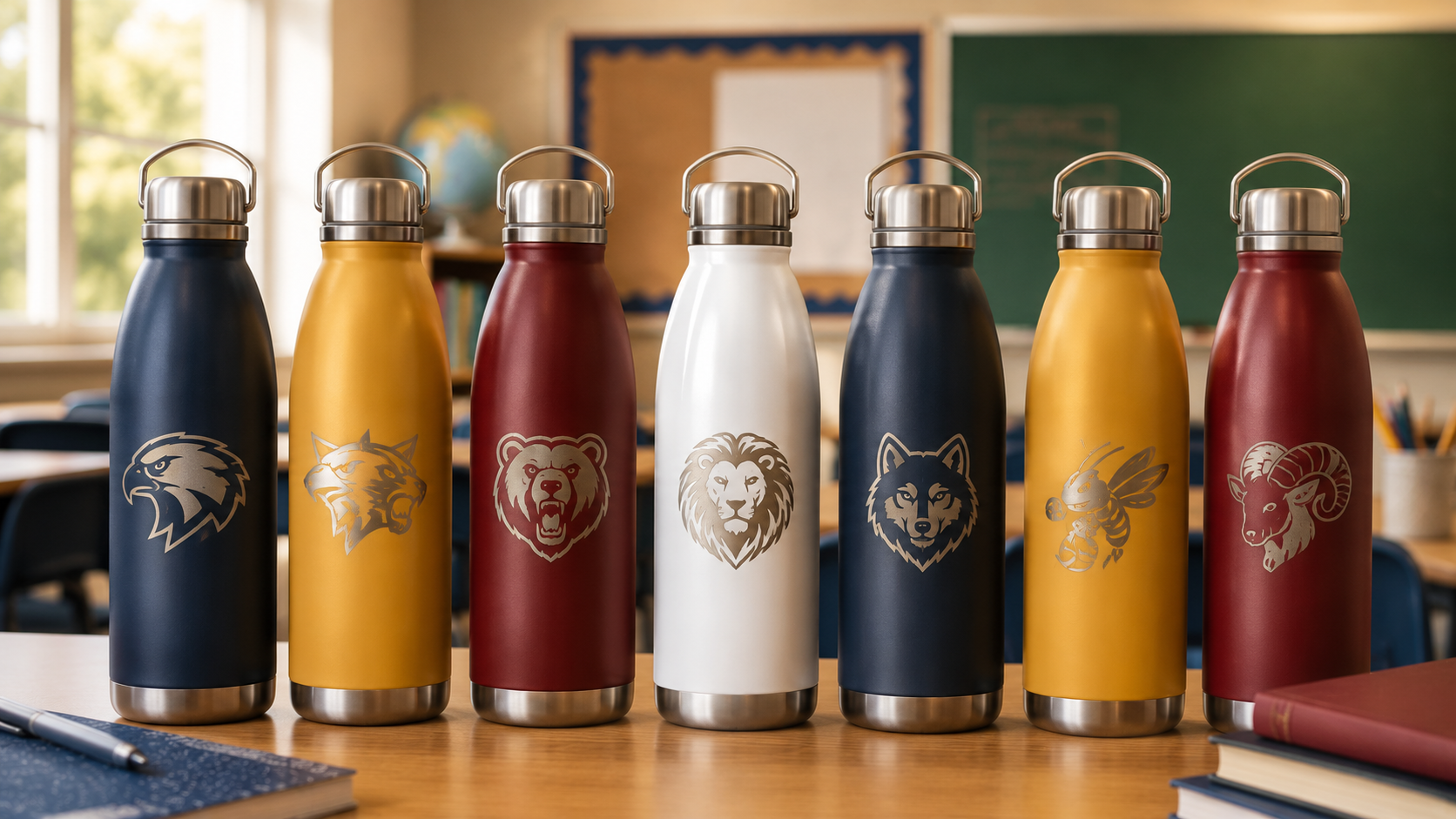 Custom engraved stainless steel water bottles for schools in team colors