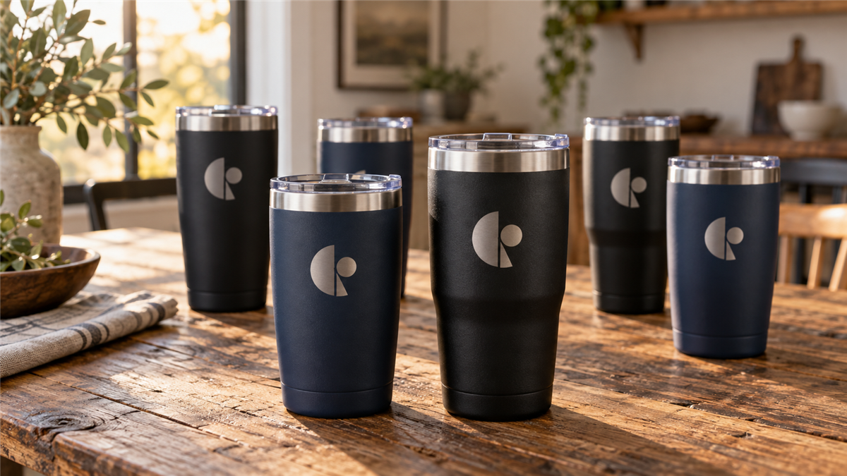 Six laser-engraved custom tumblers in black and navy on a wood table, bulk logo drinkware