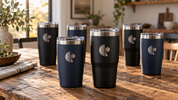 Six laser-engraved custom tumblers in black and navy on a wood table, bulk logo drinkware