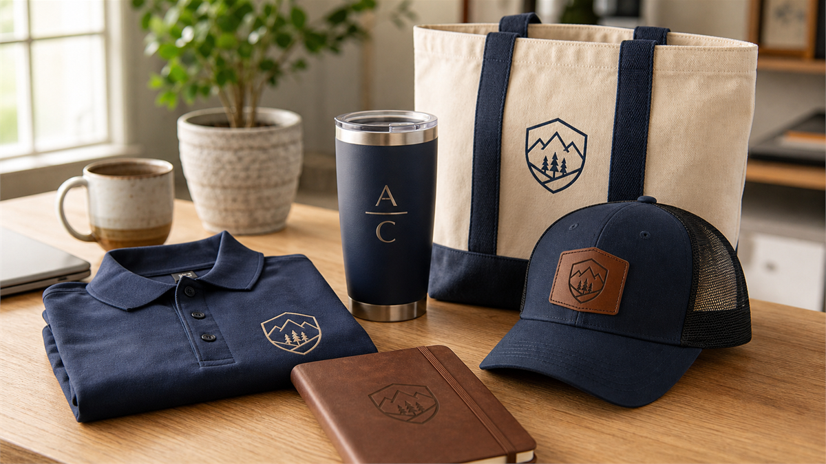 Branded merch for a small business arranged on a desk - a laser-engraved tumbler, an embroidered polo, a leather patch cap, and a canvas tote
