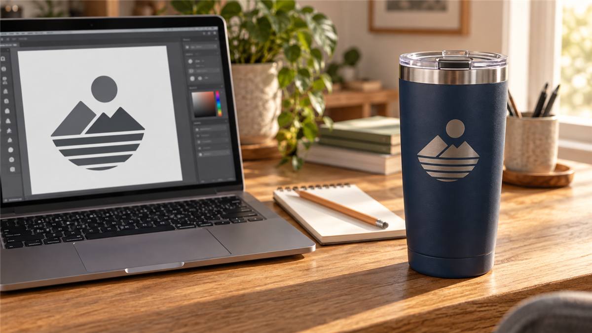 A logo file open on a laptop beside a laser-engraved custom tumbler, preparing artwork for a bulk tumbler order