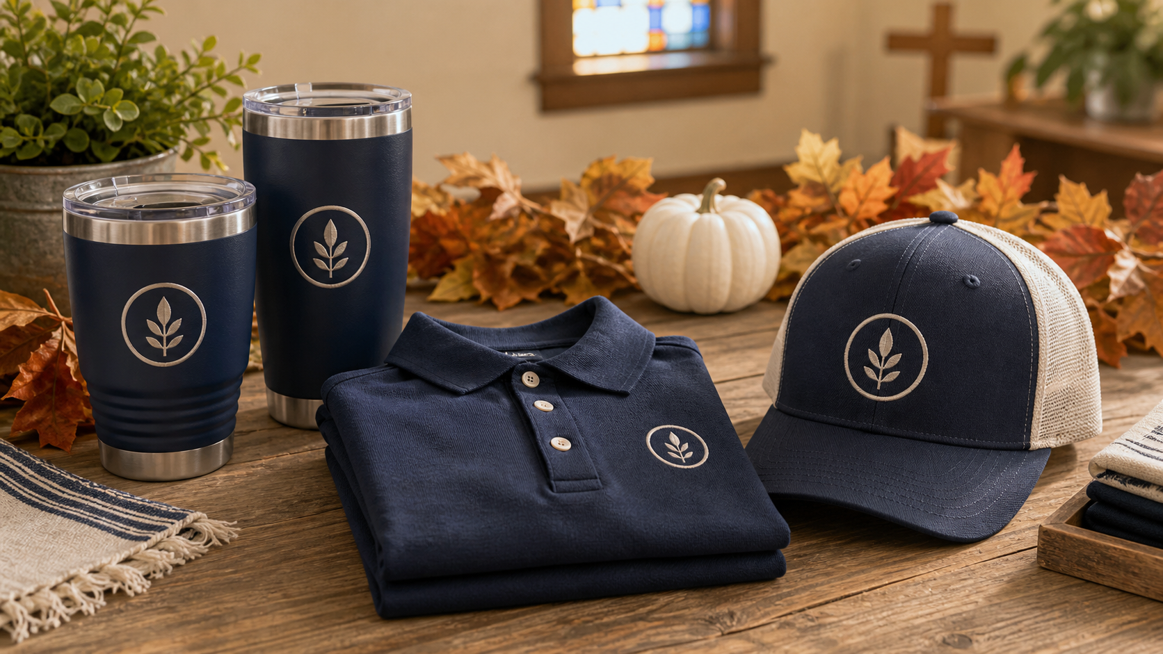 Church fall kickoff branded merch — custom tees, engraved tumblers, and leather patch hats