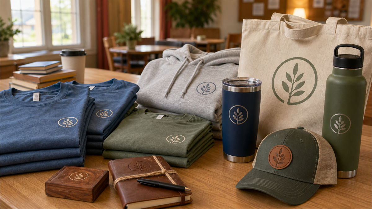Church merch laid out on a table - folded VBS and volunteer t-shirts, an engraved tumbler, and a leather patch cap