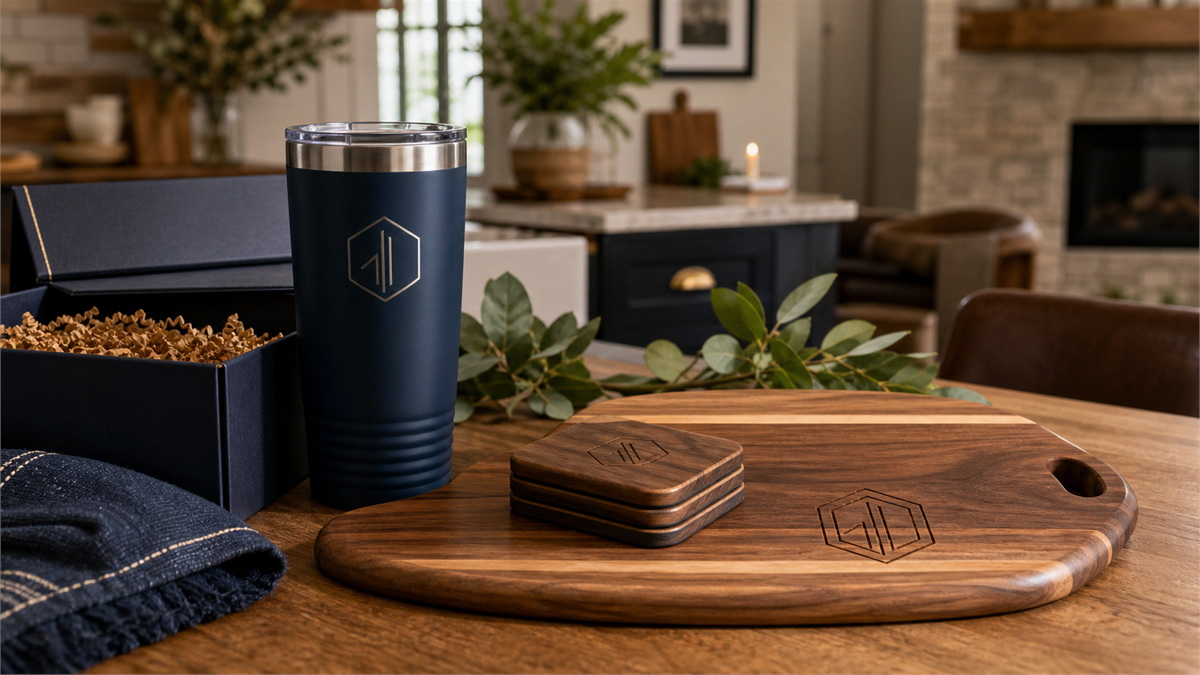 Corporate and realtor client gifts — engraved tumblers, cutting board, coasters, and premium apparel