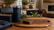 Corporate and realtor client gifts — engraved tumblers, cutting board, coasters, and premium apparel