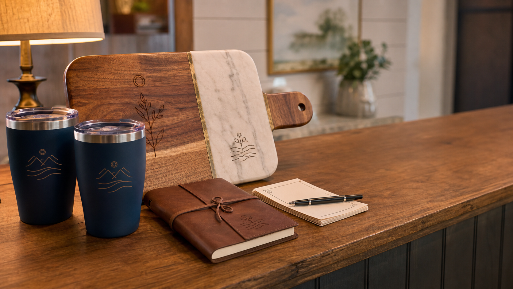 Donor appreciation gifts arranged on a table - an engraved bamboo cutting board, a leather-bound journal, an insulated tumbler and a framed photo