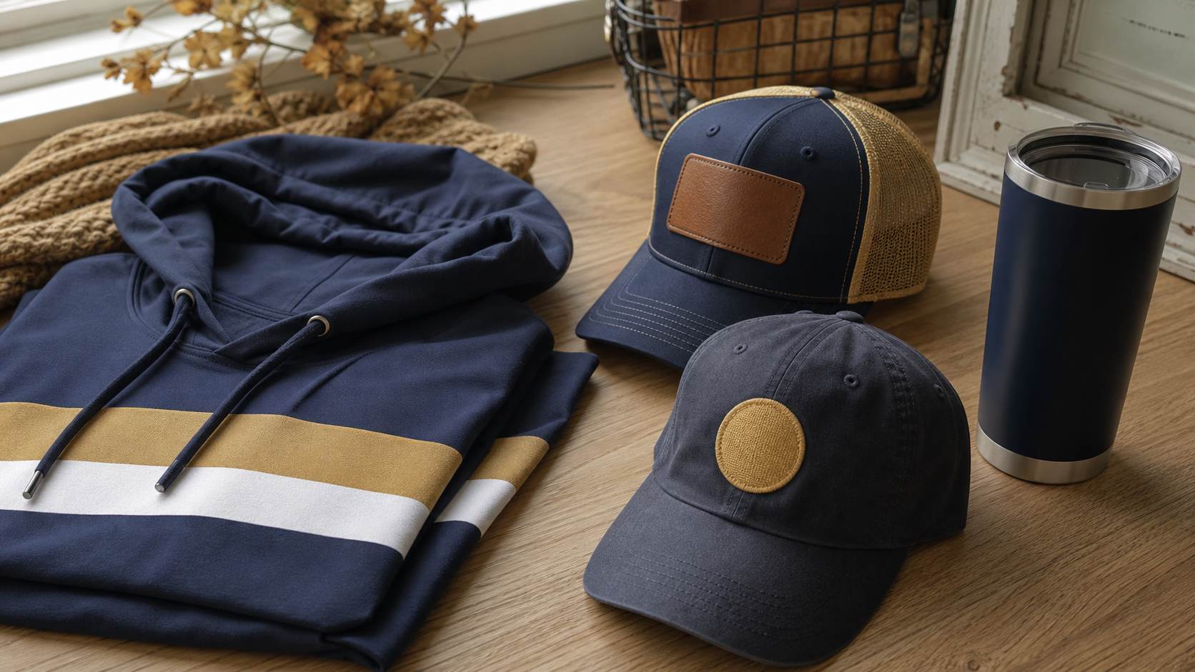 Fall sports booster club spirit wear flat lay — game-day hoodie, embroidered cap, leather patch hat, and engraved tumbler in school colors