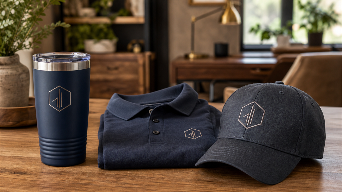 Appreciation gifts for HR professionals — engraved drinkware, quality apparel, and leather patch hat