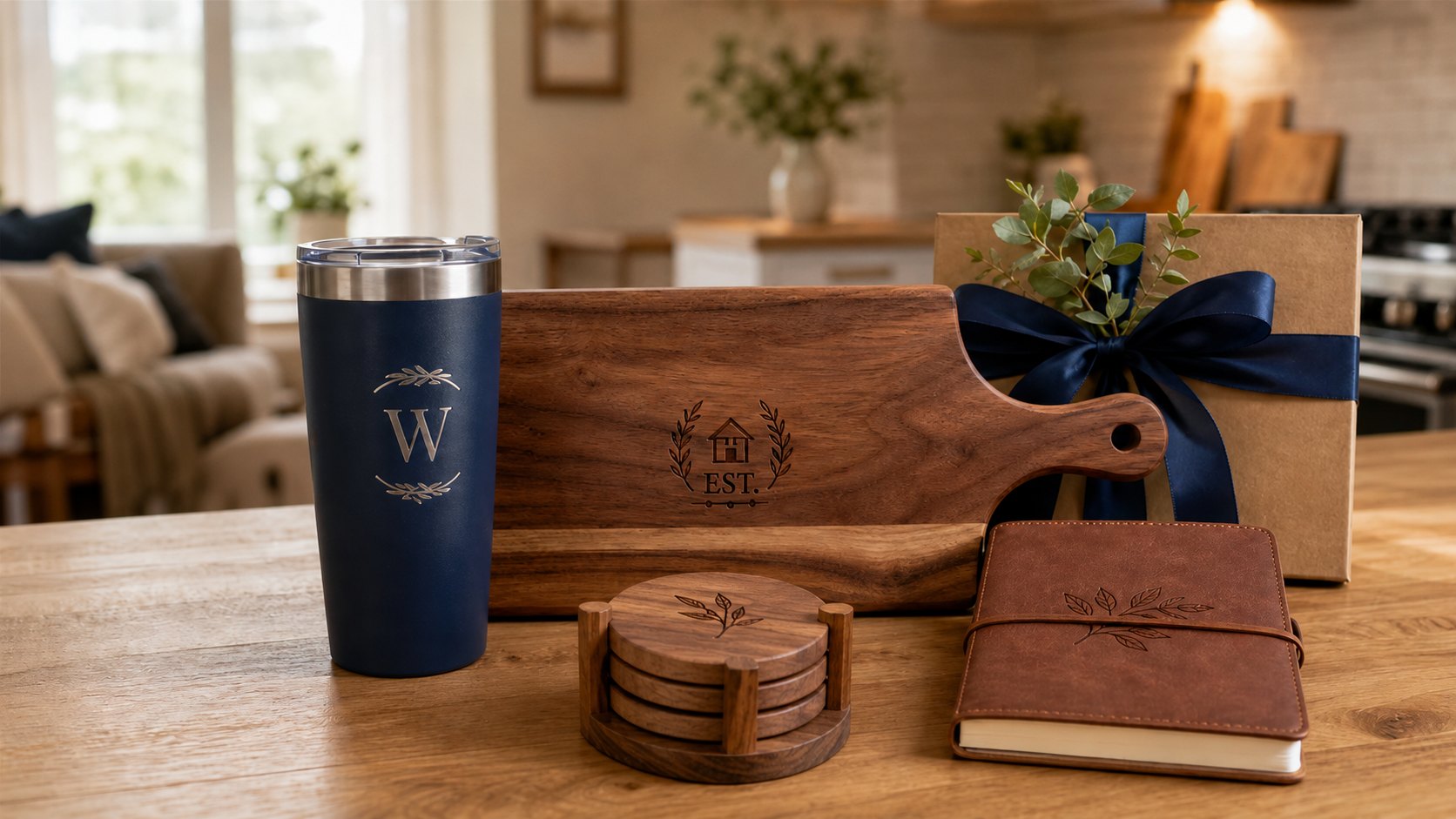 Engraved closing gifts for realtors - personalized tumbler, cutting board and coaster set