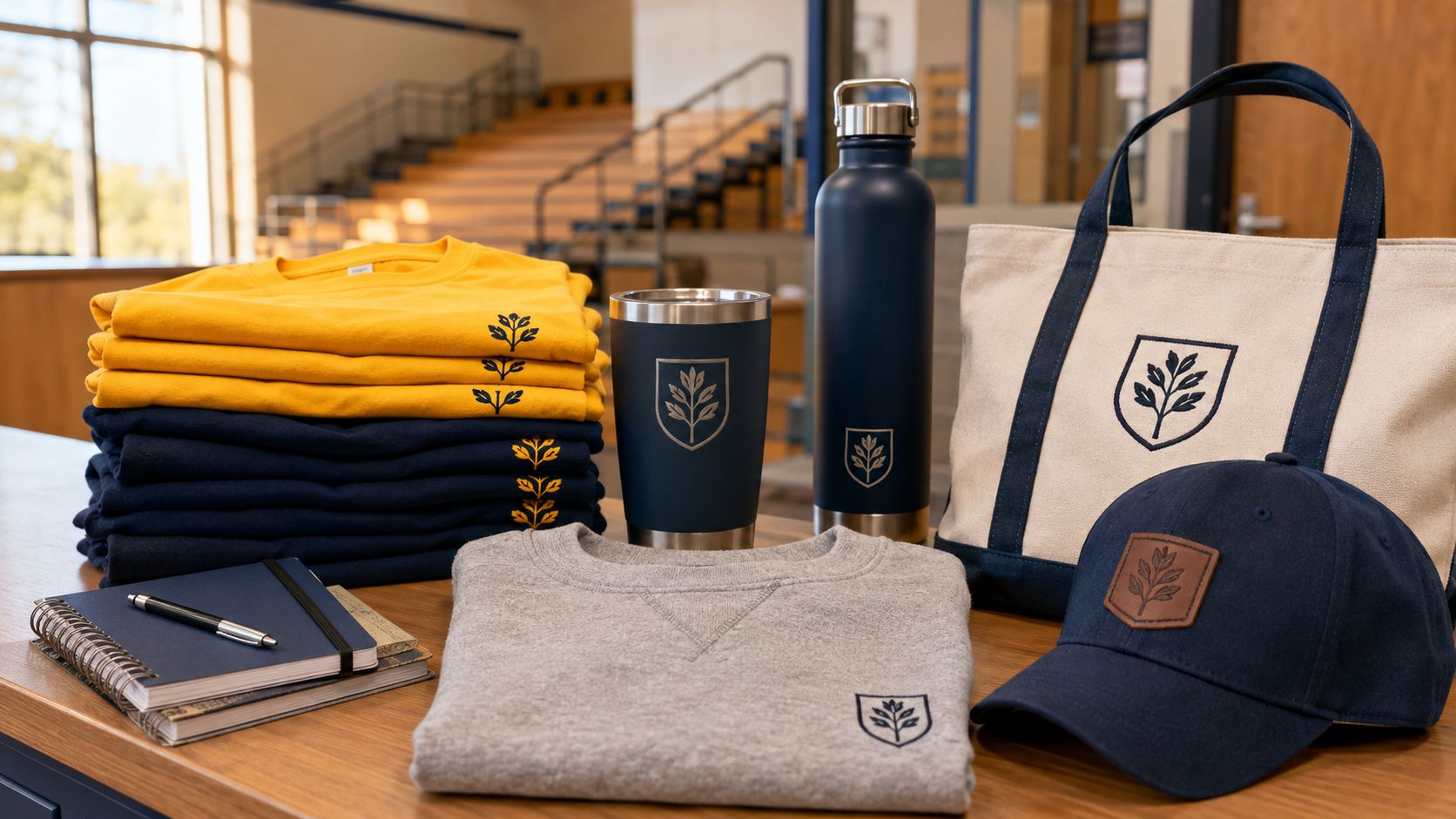School spirit wear on a table in a gym lobby - stacked navy and gold tees, a grey crewneck sweatshirt, an engraved tumbler, an insulated water bottle, a canvas tote, and a leather patch cap