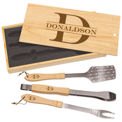 3-Piece BBQ Set in Wooden Pine Box