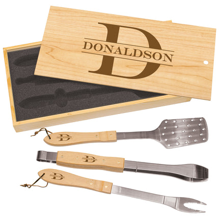 BBQ Tool Set in Engraved Wood Case — Bamboo, Rosewood, or Pine (3-Piece)