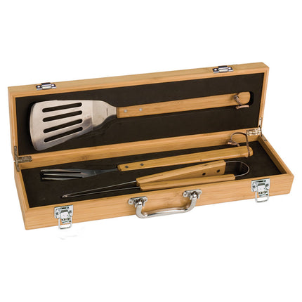 BBQ Tool Set in Engraved Wood Case — Bamboo, Rosewood, or Pine (3-Piece)