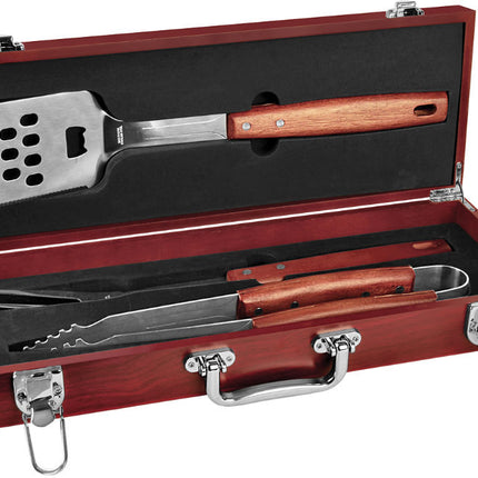 BBQ Tool Set in Engraved Wood Case — Bamboo, Rosewood, or Pine (3-Piece)