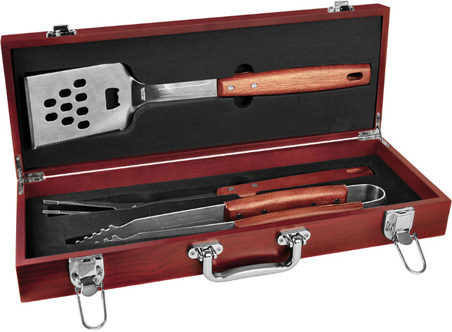 BBQ Tool Set in Engraved Wood Case — Bamboo, Rosewood, or Pine (3-Piece)