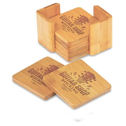 Bamboo Coaster Set (6) with Holder — Laser Engraved (Round or Square, 3.75")