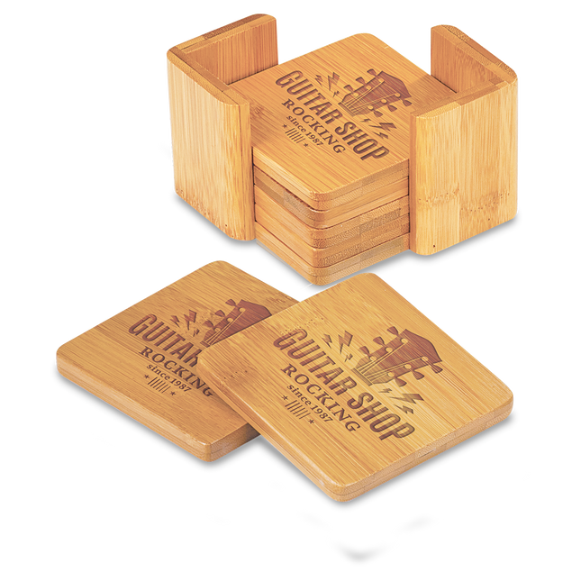 Bamboo Coaster Set (6) with Holder — Laser Engraved (Round or Square, 3.75")