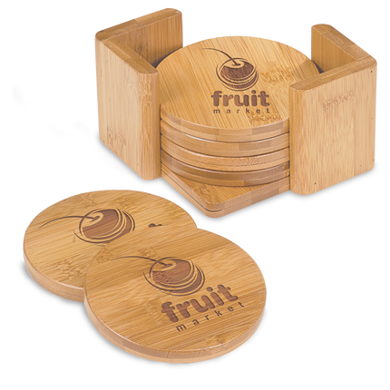 Bamboo Coaster Set (6) with Holder — Laser Engraved (Round or Square, 3.75")