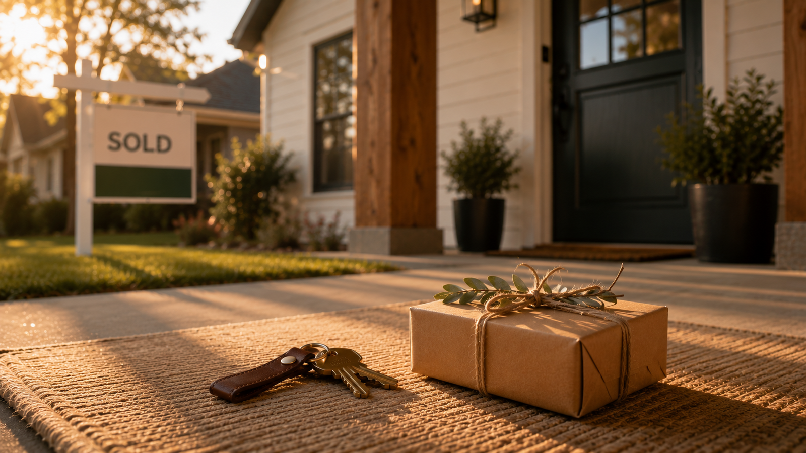 Closing day porch with house keys, gift box, and sold sign