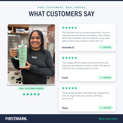 5-star customer reviews of FirstMark custom engraved tumblers