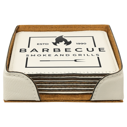 Leatherette Coaster Set (6) with Holder — Laser Engraved (4")