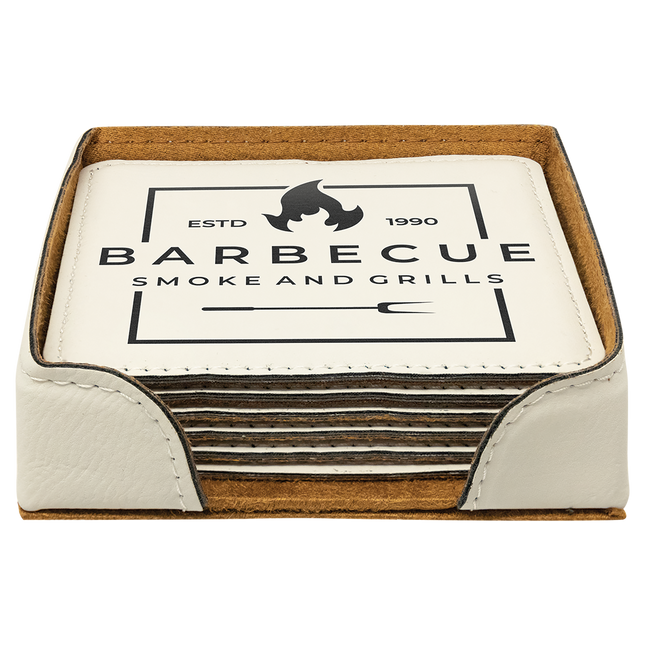 Leatherette Coaster Set (6) with Holder — Laser Engraved (4")