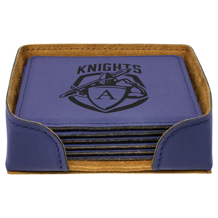 Leatherette Coaster Set (6) with Holder — Laser Engraved (4")