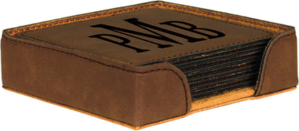 Leatherette Coaster Set (6) with Holder — Laser Engraved (4")