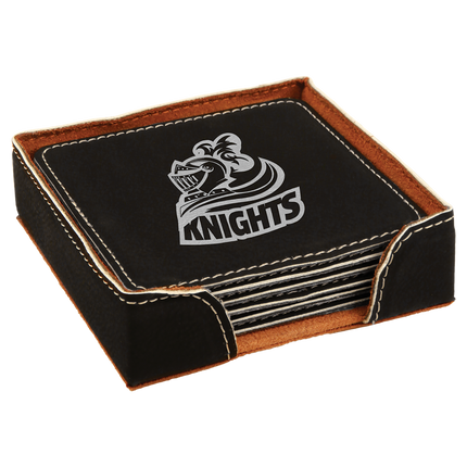 Leatherette Coaster Set (6) with Holder — Laser Engraved (4")