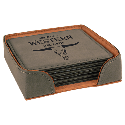 Leatherette Coaster Set (6) with Holder — Laser Engraved (4")