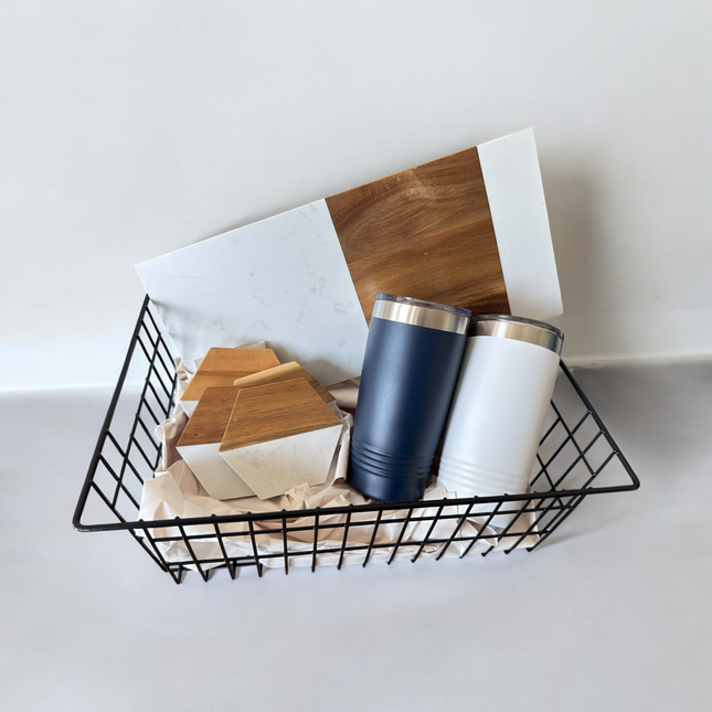 Personalized Gift Basket – Cutting Board, Coasters & Tumblers | Custom Housewarming, Real Estate Closing & Wedding Gift Set
