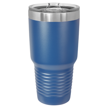 Blue 30oz Polar Camel tumbler with sliding lid and laser-engraved name