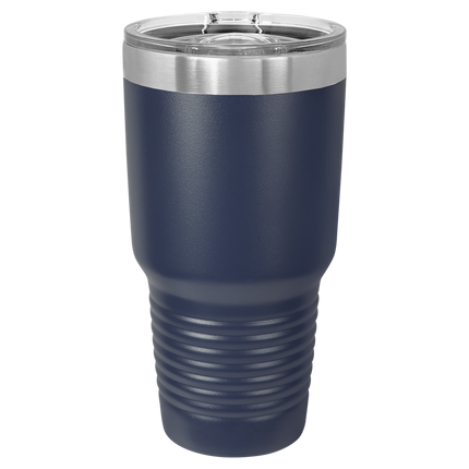 Navy 30oz Polar Camel tumbler with sliding lid and laser-engraved name