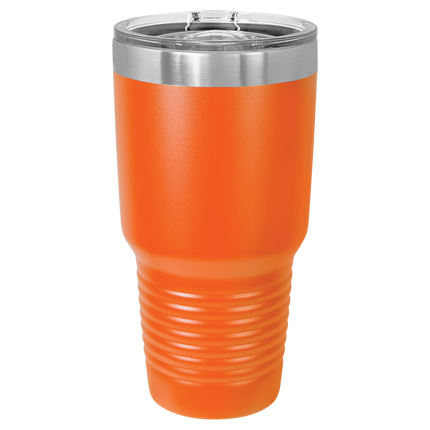 Orange 30oz Polar Camel tumbler with sliding lid and laser-engraved name