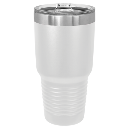 White 30oz Polar Camel tumbler with sliding lid and laser-engraved name