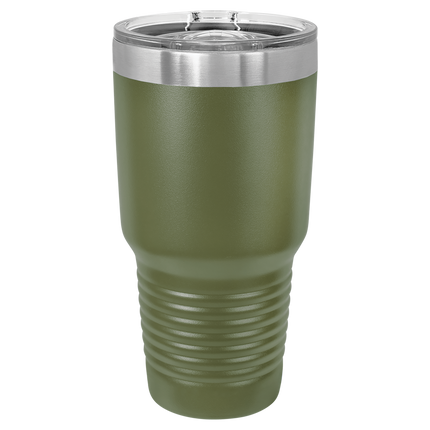Olive 30oz Polar Camel tumbler with sliding lid and laser-engraved name