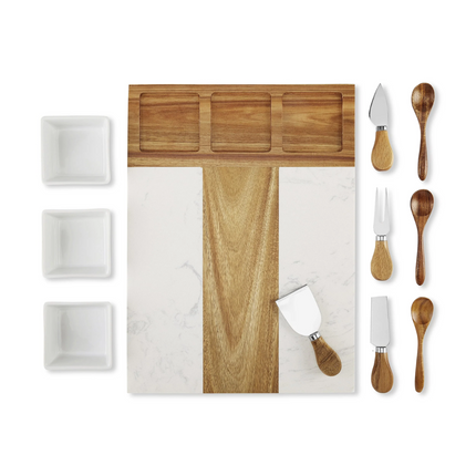 Marble & Acacia Charcuterie Board — 11-Piece Hosting Set (16.25″ × 12″)