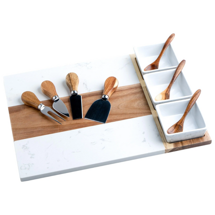 Marble & Acacia Charcuterie Board — 11-Piece Hosting Set (16.25″ × 12″)