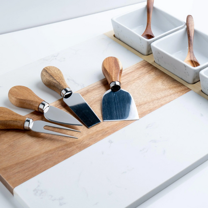 Marble & Acacia Charcuterie Board — 11-Piece Hosting Set (16.25″ × 12″)