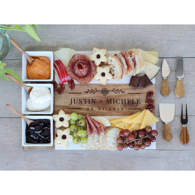 Marble & Acacia Charcuterie Board — 11-Piece Hosting Set (16.25″ × 12″)