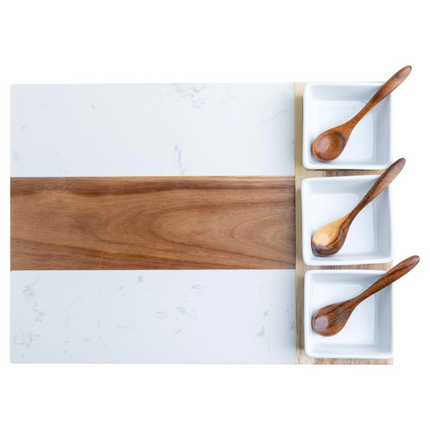 Marble & Acacia Charcuterie Board — 11-Piece Hosting Set (16.25″ × 12″)