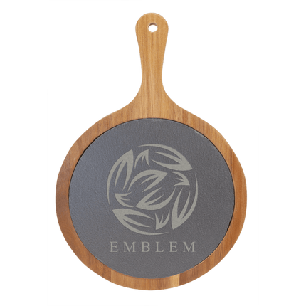 8 1/4" x 12 1/4" Round Acacia Wood/Slate Serving Board with Handle