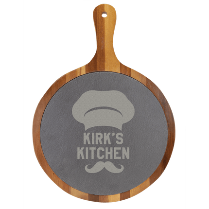Personalized Round Acacia Wood & Slate Serving Board with Handle