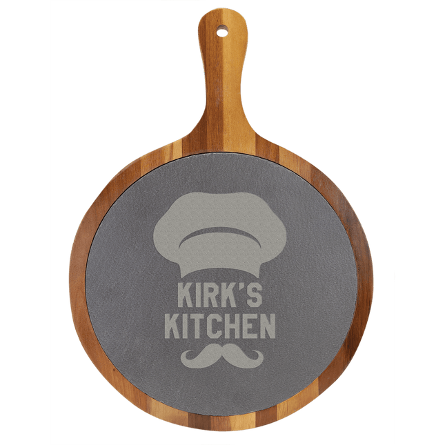 Personalized Round Acacia Wood & Slate Serving Board with Handle