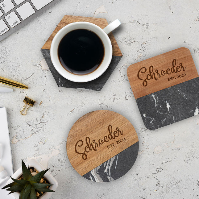 Set of 4 - Black Marble & Acacia Wood Coasters – Engraved Square, Hexagon, or Round