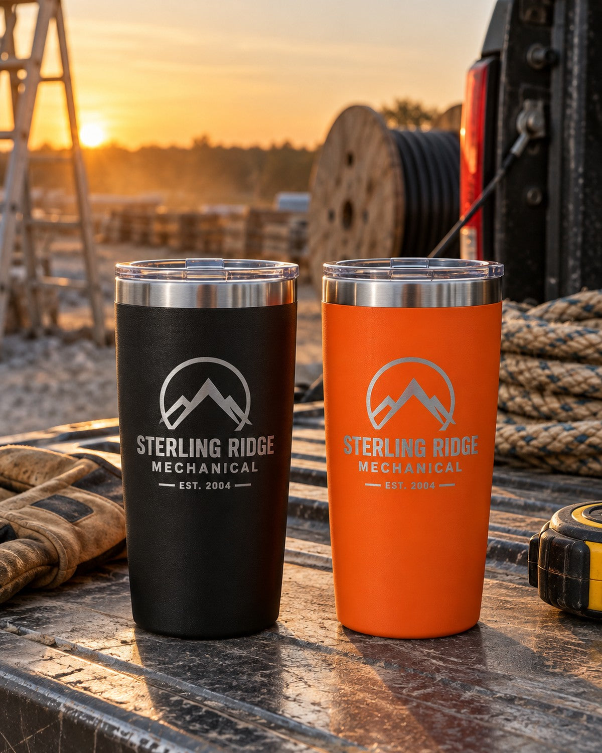 Two engraved stainless steel tumblers, black and safety orange, on a work truck tailgate at a job site — a contractor logo laser engraved into the powder coating